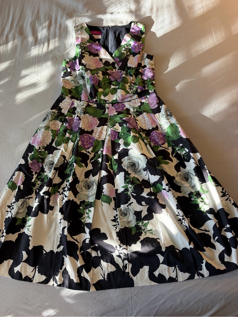 Talbots Black, White & Purple Floral Fit-and-Flare Dress